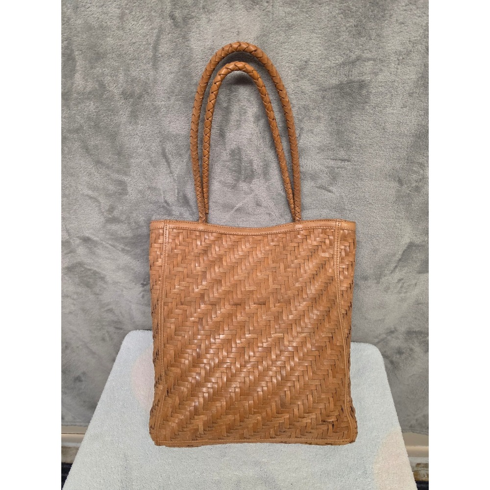 BEMBIEN Ella Caramel Woven Leather Tote Braided Handles Shoulder Handbag